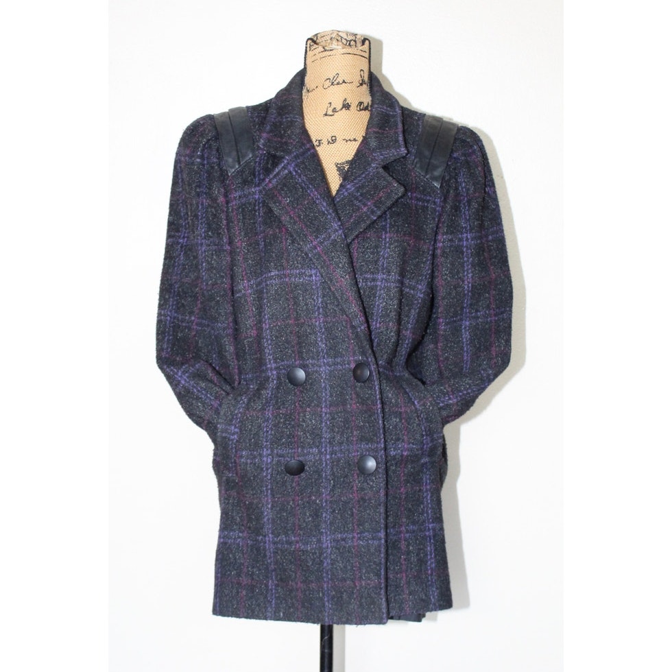 Vtg 80s Nyg New York Girl Black Plaid Wool Double Breasted Peacoat Women’s S/M